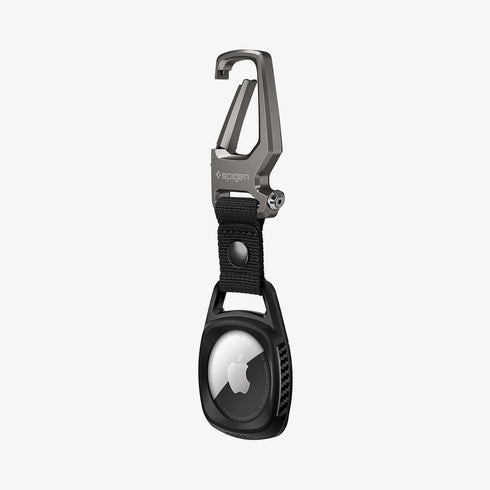 AMP01565 - AirTag Case Rugged Armor showing the front and side with carabiner opened